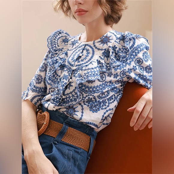 Sézane South Blouse in Ecru Blue FR 34 / US 2 - Picture 2 of 14